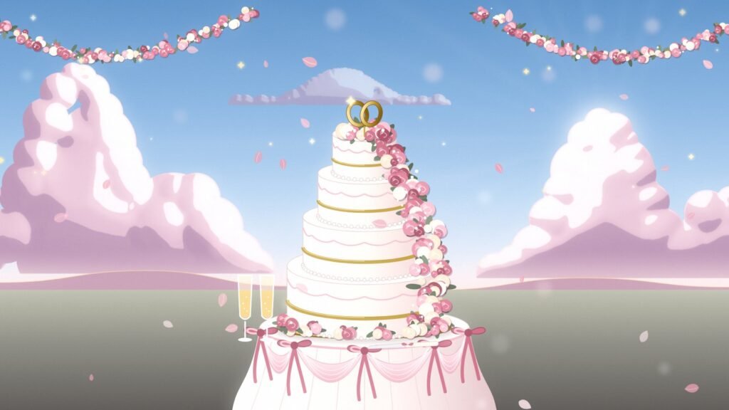 Illustration : un gâteau de mariage à quatre étages orné de roses, sur une table drapée de festons roses