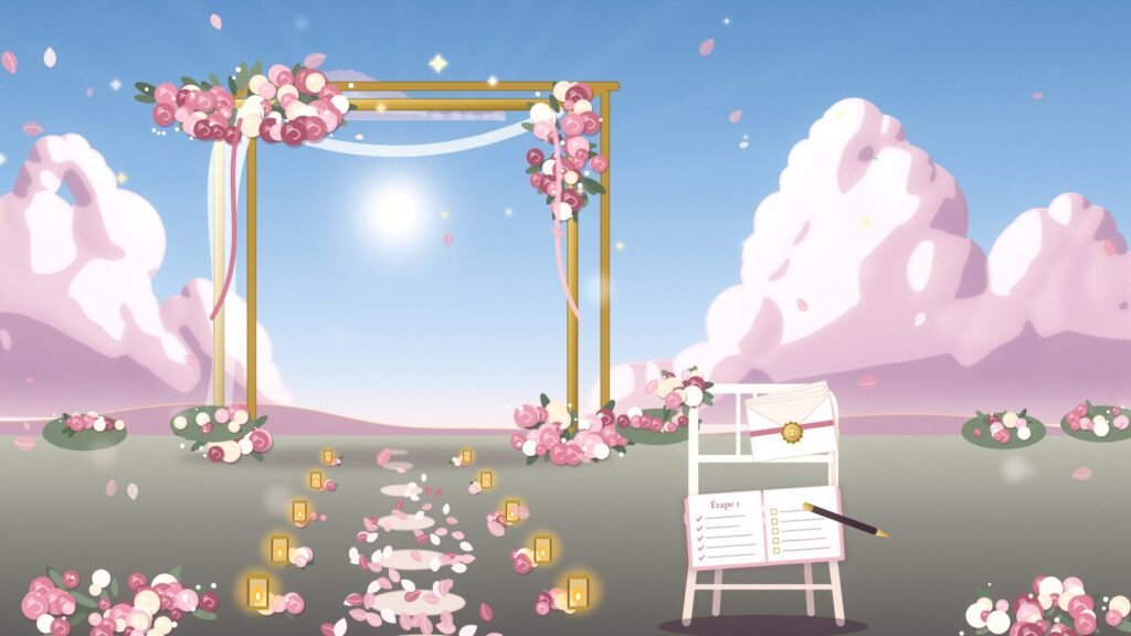 Illustration : une arche de mariage fleurie au bout d'un chemin bordé de photophores, et sur une chaise un carnet ouvert sur « Étape 1 »