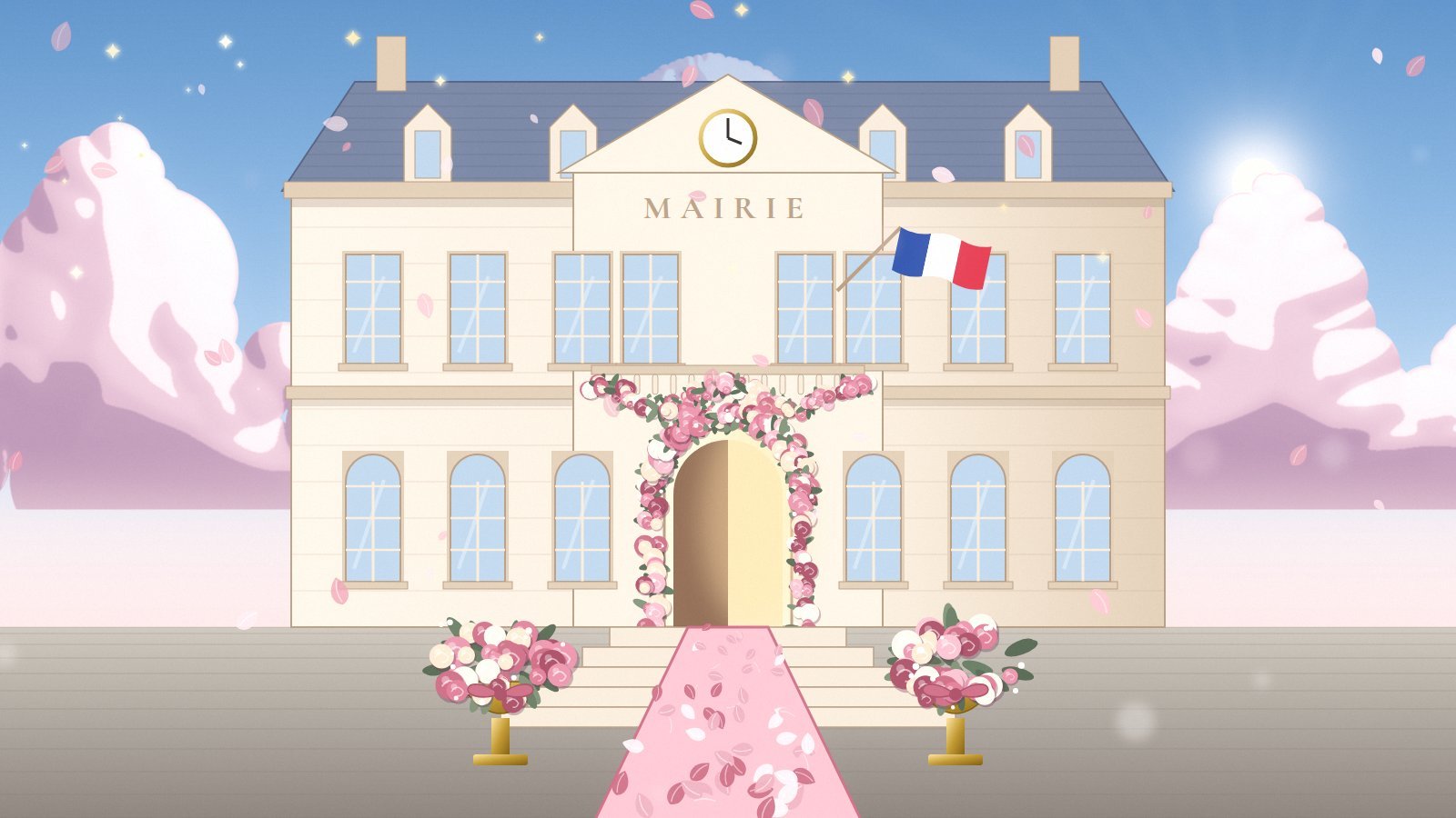 Illustration : le perron d'une mairie décoré de fleurs pour un mariage, avec un tapis rose sur les marches